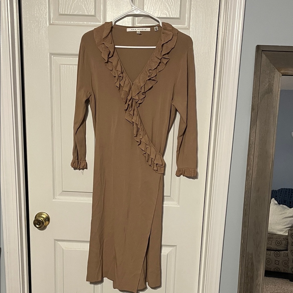 Max Studio Tan Long Sleeve Ruffle Dress